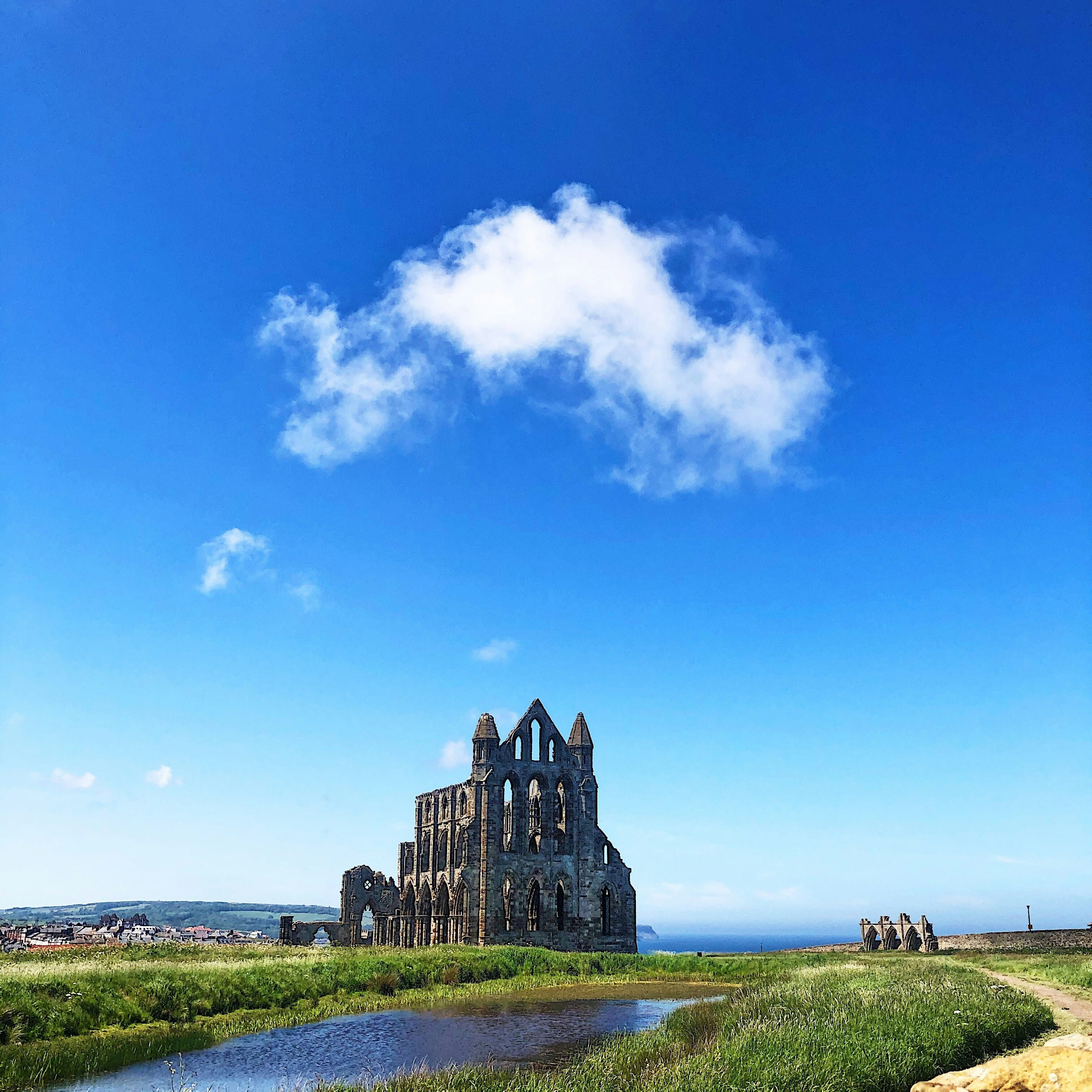 View of Whitby Abbey across a green field